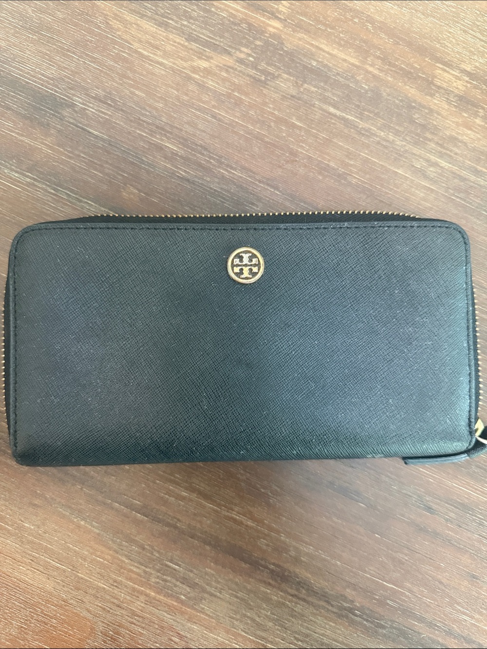Tory Burch Black Saffiano Zip Wallet with Gold Logo